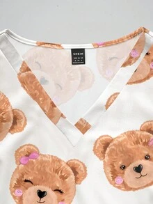 PopScrub Plus Size Women's V-Neck Short Sleeve Scrub Top With Pockets, Cartoon Bear Print, Slit Design, Suitable For Nurses, Staff, And Plush Doll Enthusiasts, Spring/Summer - Multicolor - View 4