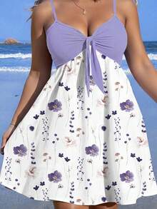 Veykashi Plus Size Floral Print Patchwork Sleeveless Casual Bohemian Boho Elegant Dress Beach Vacation White Summer - Multicolor - View 1