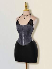 SHEIN ICON Women's Striped Contrast Lace Halter Neck Camisole - Grey - View 4