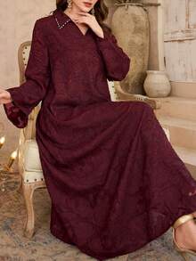 Modelyn Textured Jacquard Fabric Shirt Collar Rhinestone Decor Long Sleeve Loose Elegant Luxury Dress - Burgundy - View 5