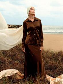 ZEYLAH 2pcs Elegant Fitted Ruched Satin Set, Spring/Summer - Coffee Brown - View 1