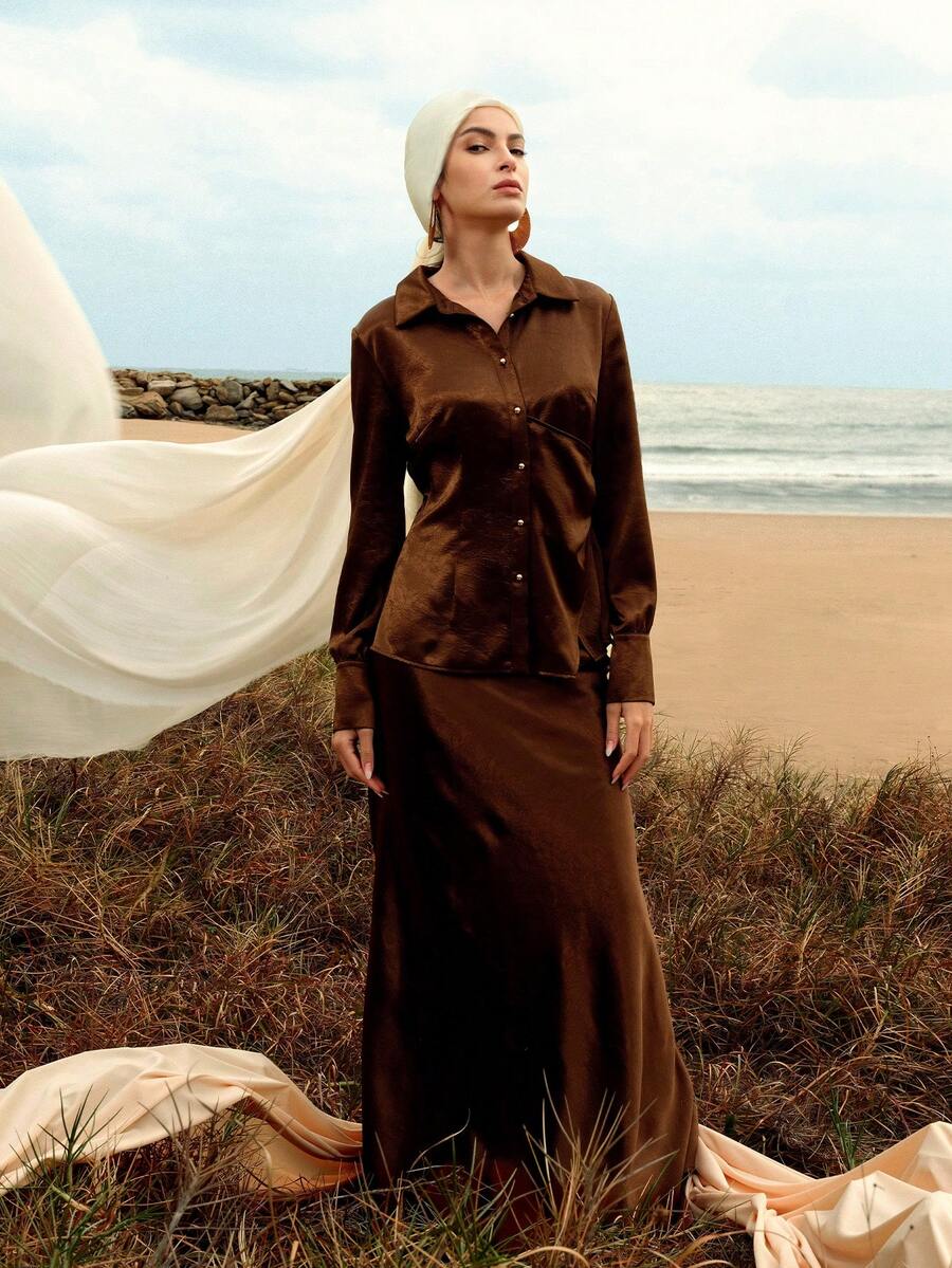 ZEYLAH 2pcs Elegant Fitted Ruched Satin Set, Spring/Summer - Coffee Brown - View 1