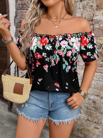Breezaya Blusa con estampado floral de hombros descubiertos, diseño minimalista, adecuada para uso diario, citas, fiestas, salidas y vacaciones en tallas grandes