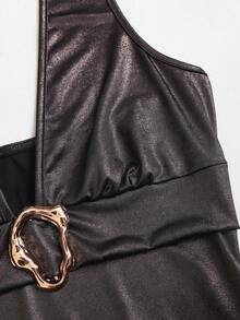 Sweetra Nuevo top de tirantes de tela elástica con hebilla metálica brillante, chaleco ajustado con escote en V y espalda descubierta, estilo streetwear Y2K para fiestas, color marrón café - Negro - Ver 3