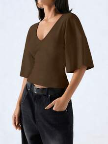 LYSMO Camisa de mujer de manga de campana de unicolor simple, versátil para ir al trabajo/Navidad/Año Nuevo/Acción de Gracias/Graduación, elegante y de moda, ropa de casa cómoda y casual, diseño de escote en V profundo - Multicolor - Ver 4