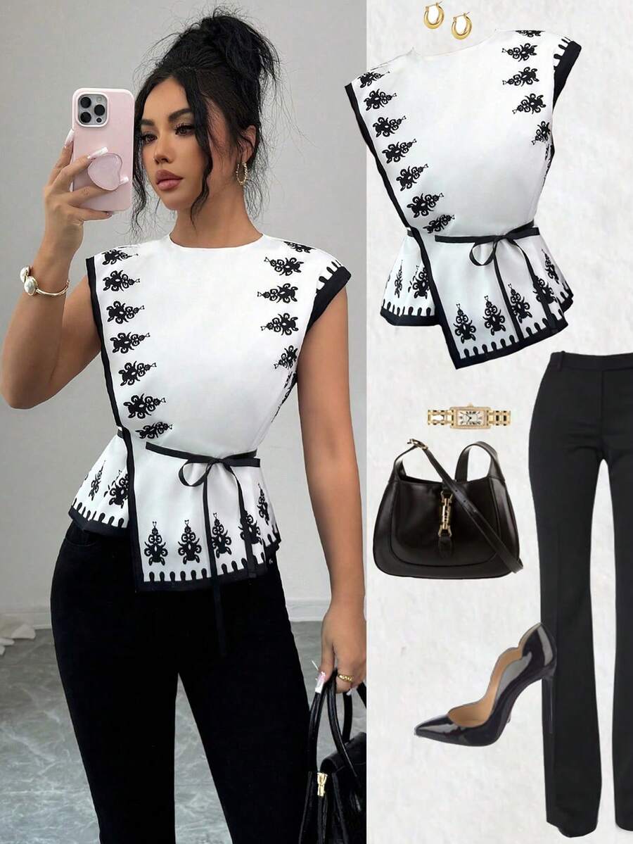 SHEIN Elenzya Elegant Commuter Casual Daily Fitted Dual-Color Placement Print Bowknot Strap Asymmetrical Women Blouse - White - View 1