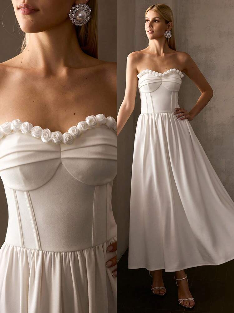 MOTF Soiréza WOMEN'S ELEGANT STRAPLESS A-LINE PARTY DRESS WITH 3D FLORAL EMBELLISHMENTS, HEART-SHAPED CHEST ACCENT & FITTED WAIST – IDEAL FOR NEW YEAR CELEBRATIONS & EVENING EVENTS, WEDDING CEREMONIES, FORMAL GALAS, RED CARPET EVENTS, BLACK TIE DINNERS, AND CHARITY BALLS​ NEW YEAR MATCHING OUTFITS