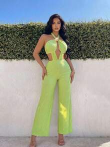 SHEIN SXY Mono de verano casual sin espalda con cuello halter para mujer - Negro - Ver 4