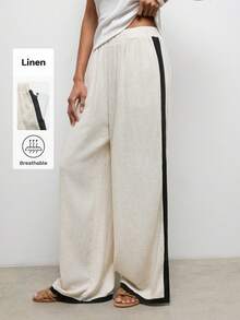 Maija 卡其色女士宽松长裤，黑色滚边，适合度假穿着 - 黑與白 - 查看 1