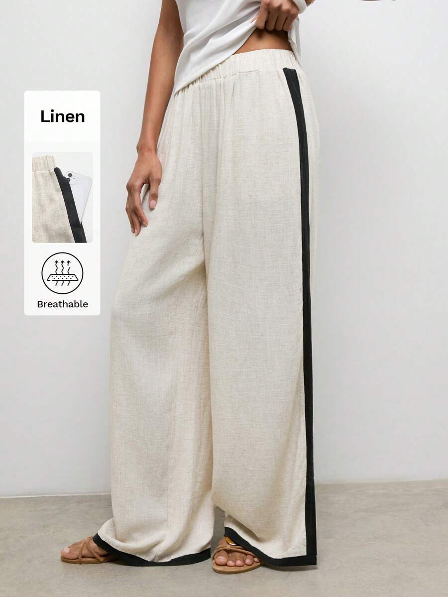 Maija 卡其色女士宽松长裤，黑色滚边，适合度假穿着 - 黑與白 - 查看 1
