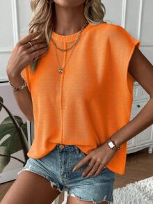 SHEIN PariChic Áo vest len cổ tròn màu trơn dành cho nữ, kiểu dáng thường ngày. - trái cam - Xem 6