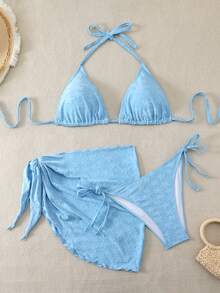 Slaydiva Plus Size Halter Knotted Tankini Swimwear With Sarong 3 PiecesBeach Swimwear Set - Blue - View 1