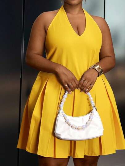 Slaydiva Spring/Summer New Arrival Music Festival, Easter, St. Patrick's Day, Western, Nomadic, Birthday Party, Graduation, College Style, Student Wear, Casual Everyday, Basic Versatile, Leisure, Cruise Travel, Beach, Sunbathing, Viral , Streetwear, Wedding Guest Boho, Commute, Brunch, Minimalist Basic, Y2K Streetwear Chic, Best Selling Item, Casual Date, Airport Outfit Backless Halter Pleated A-Line Loose Babydoll Maxi Dress Plus Size - Yellow Plus Size Yellow Dress