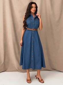 SHEIN Sleeveless, Collared Button, A-Line, Raw Wash S Denim Midi Dress With Belt - Dark Wash - View 4