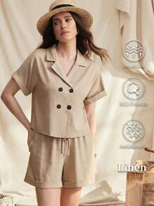 Zovinel Chaqueta de blazer informal de lino suelto con doble botonadura, conjunto de traje para mujer - Caqui - Ver 10