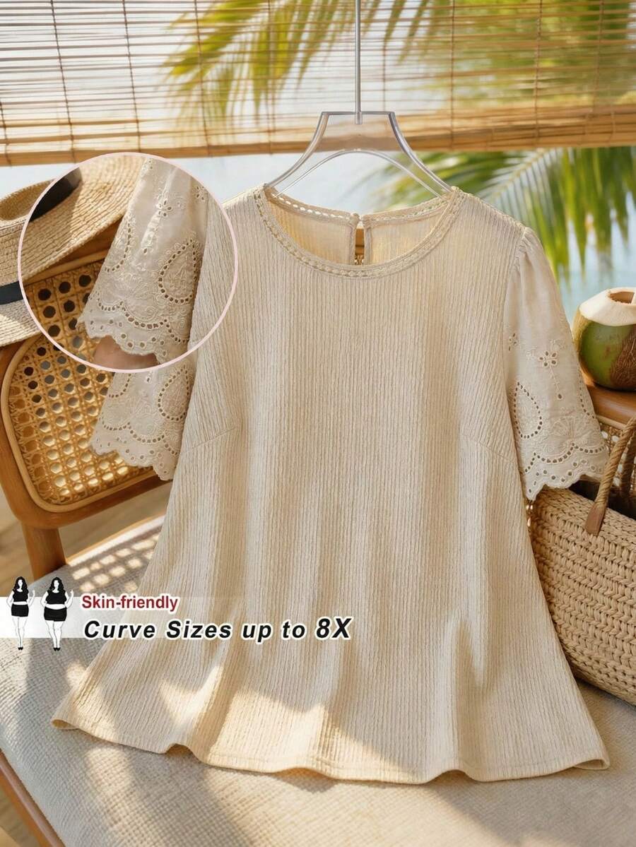 SHEIN CURVE+ Curve 尺码 US22 音乐节、海滨度假、波西米亚风女士圆领短袖刺绣休闲T恤，适合春夏穿着