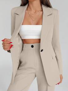 EURMUSE Bộ quần áo hai mảnh màu trơn dành cho nữ, gồm áo blazer và quần dài. - Màu be - Xem 3