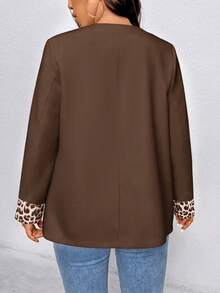 EMERY ROSE Plus Size Women Casual Long Sleeve Blazer Jacket With Leopard Print Patchwork - Brown - View 3