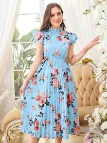 SHEIN Teen Girl Ruffled Collar Double-Layer Cap Sleeve Printed Pleated Hem Dress - Blue - View 4