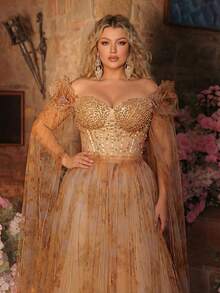 Glamrae Đầm dạ hội cỡ lớn, thanh lịch, lãng mạn màu vàng, hở vai, đính pha lê sang trọng, eo thon, chất liệu lưới xuyên thấu in họa tiết xương cá, dáng chữ A, thích hợp cho đám cưới, tiệc tùng, kỳ nghỉ, du lịch (Thiết kế tinh xảo) - Màu vàng - Xem 6