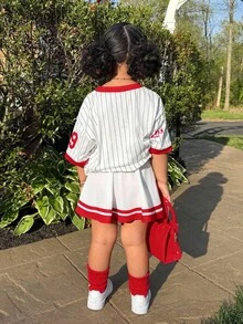 Set de 2 piezas Camiseta de baloncesto y falda para niñas jóvenes, conjunto de moda casual de uso diario con estampado numérico - Rojo - Ver 2