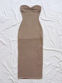 Soleia Women's Elegant Striped Dress, Casual For Vacation, Party, Date, Winter Striped Two Piece Set Two Piece Beach Set Brown Two Piece Set Brown Summer Top Brown Striped Two Piece - Coffee Brown - View 7