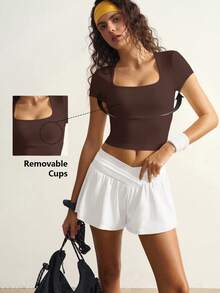 VARSIVA Áo tập thể dục nữ, áo thun thể thao ngắn tay màu trơn, áo corset thể thao ngắn tay mùa hè. - Cà phê nâu - Xem 2