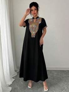 Rafferiza Contrast Color Embroidered Mandarin Collar Rhinestone Embellished Loose Long Dress For Women - Black - View 5