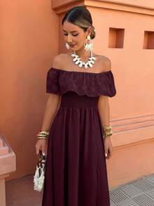 Selianne Women's Off-Shoulder Ruffle Patchwork Vacation/Casual Dress, Spring/Summer - Burgundy - View 3