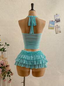 Soleia 女士春夏休闲度假褶皱雪纺吊带蝴蝶结背心+多层荷叶边半裙，适合复活节、海滩、邮轮、城市度假 - 水鴨藍 - 查看 2