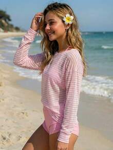 SHEIN Vestido de playa informal y holgado a rayas para niñas preadolescentes - Rosa Pálido - Ver 2