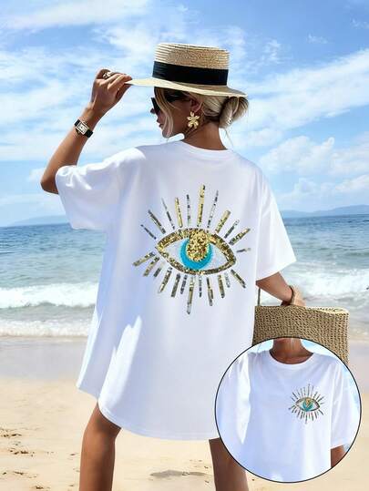 DrmWander T-shirt décontracté à manches courtes, col rond, imprimé œil pour femmes