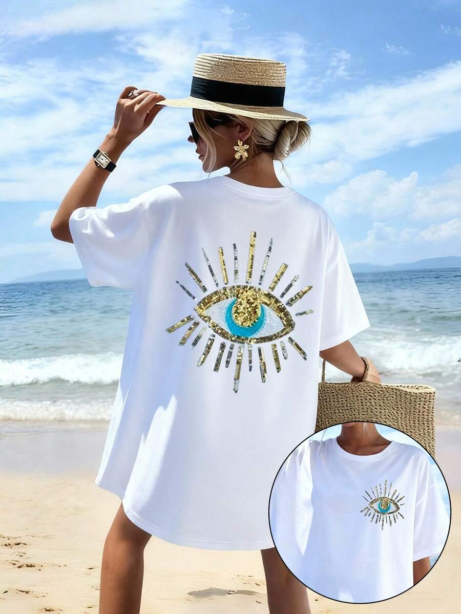 DrmWander Women's Eye Print Round Neck Loose Casual Short Sleeve T-Shirt - White - View 1