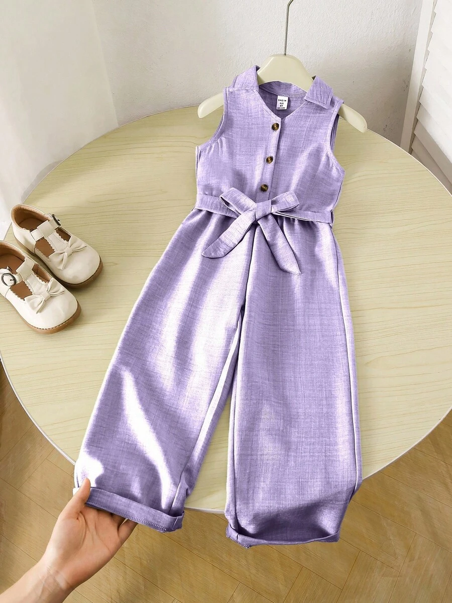 SHEIN Genkimix Kids 女童休闲百搭翻领纽扣前襟系带柔软褶皱牛仔质感连体裤，适合秋季、野餐、郊游、搭配服装、日常穿着
