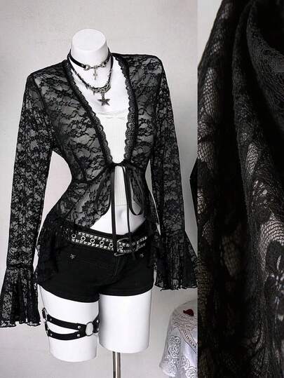 Sunspun Plus Size Women's Sexy Lace Trim V-Neck Tie Flare Sleeve Blouse, Spring/Summer Lace Cardigan Gothic Tops Black Lace Shirt Gothic Women Clothes Lace Jacket