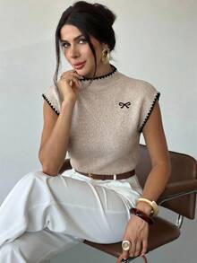 Firerie 女士优雅高领无袖针织背心 - 蝴蝶结和贝壳刺绣，宽松休闲百搭上衣，适合春夏约会、婚礼、派对、海滩度假和节日活动 - 白色 - 查看 3