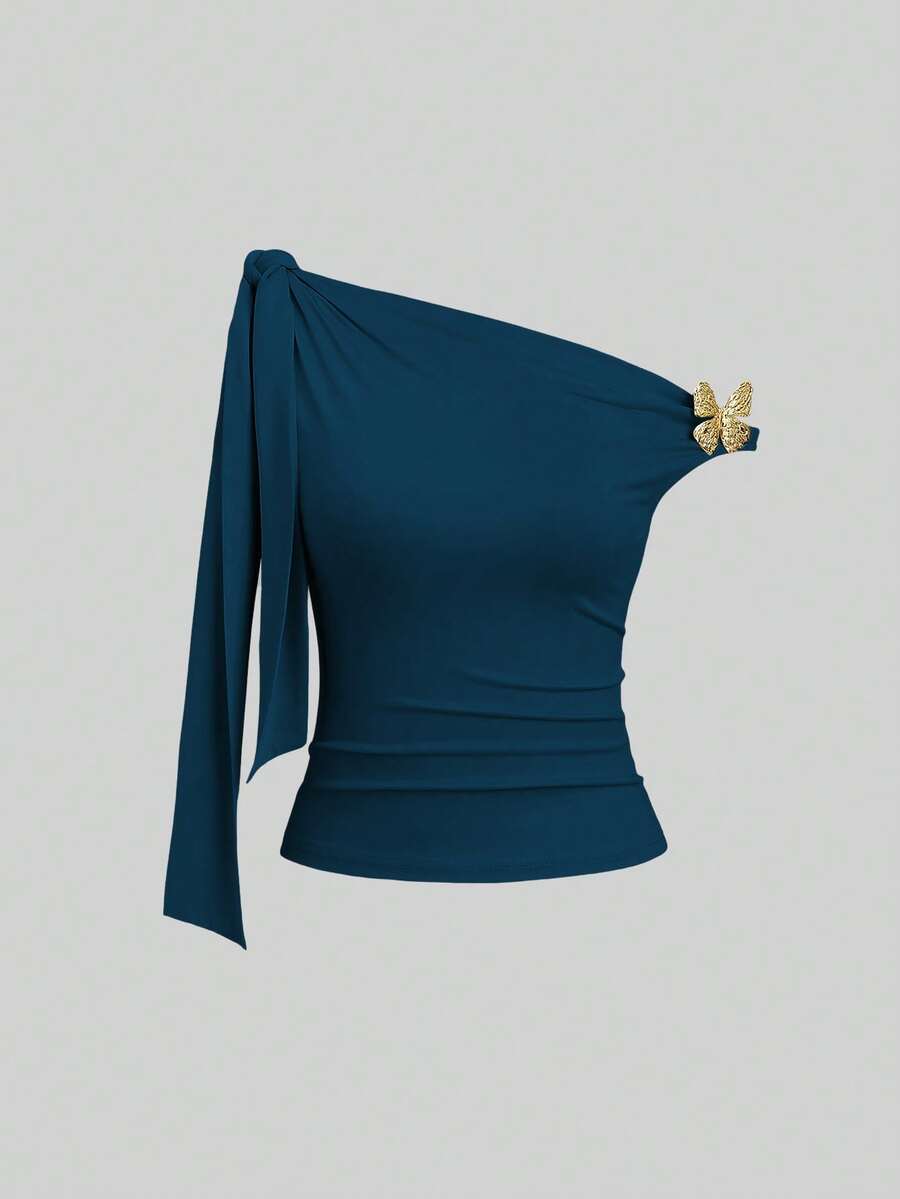 Sweetra Atasan Wanita Warna Polos dengan Garis Leher Asimetris dan Pita - Teal Blue - View 1
