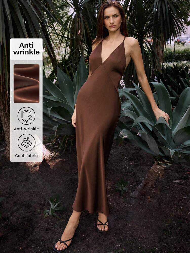 SHEIN Maija Robe midi ajustée à col carré plissé en satin élégante MAIJA