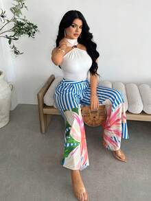 Vavine Blue & White Pleated Waist Loose Women Casual Pants - Multicolor - View 4