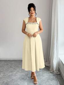 Elenzga Plus Size Women's 1pc Faux Linen Texture Shell & Tassel Decor A-Line Casual Beach Vacation Dress, Spring/Summer - Light Yellow - View 3