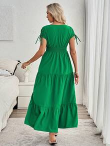 Louniche Women's Solid Color V-Neck Ruched Waist Elegant Midi Dress, Suitable For Dates And Parties - Green - View 2