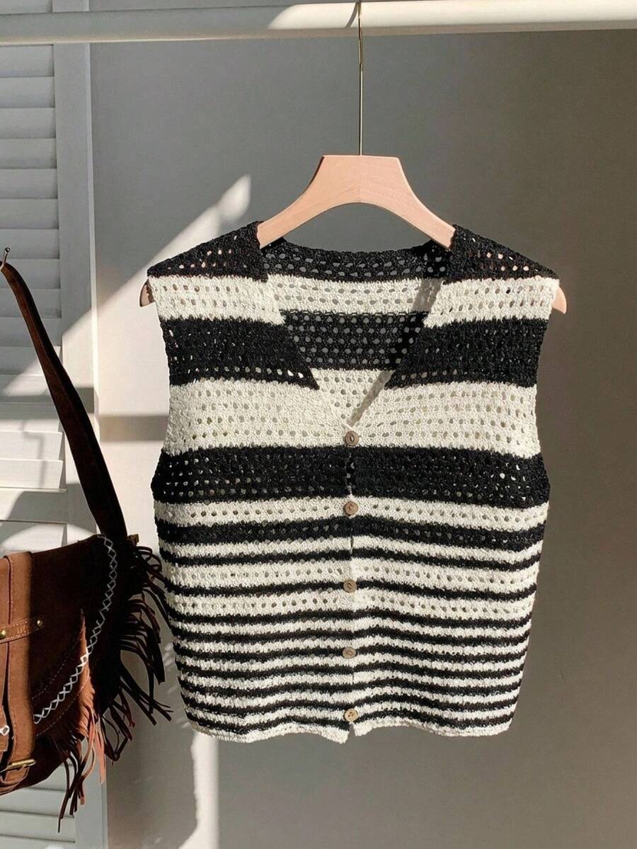 SHEIN EZwear Áo vest dệt kim khoét lỗ một hàng cúc, kẻ sọc nhiều màu dành cho nữ - Nhiều màu - Xem 1