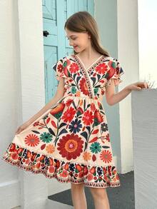 SHEIN Tween Girl Beige Summer Boho Holiday Tea Party Floral Print Flutter Sleeve V-Neck Maxi Dress,Kids Elegant Vintage Flower Sunday Beach Vacation Dress - Multicolor - View 7
