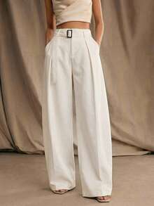 Anewsta Spring New Year Modern Women Flared Pants With Belt, White Trousers - White - View 1