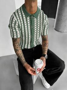 Manfinity Homme Men's Casual Colorblock Striped Hollow-Out Knit Top, Spring/Summer - Dark Green - View 1