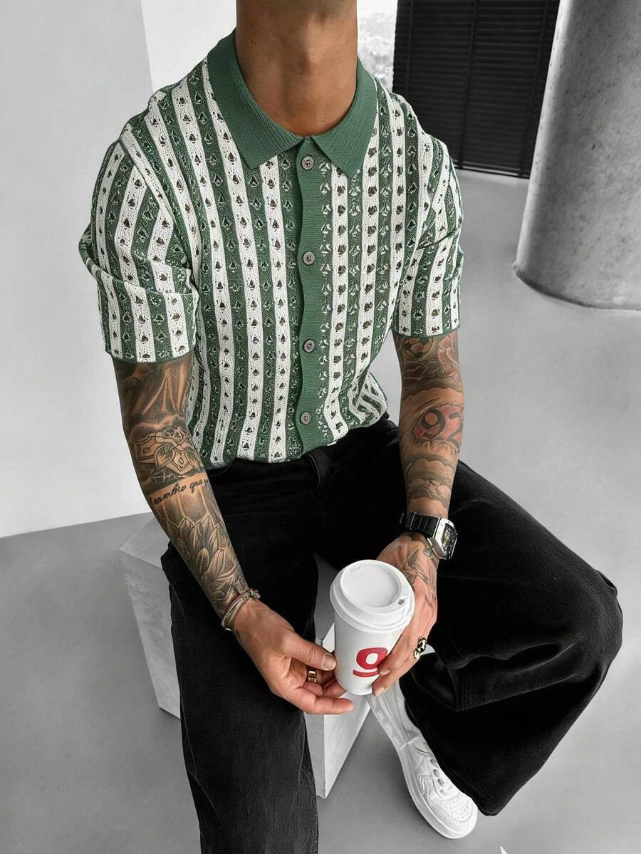 Manfinity Homme Men's Casual Colorblock Striped Hollow-Out Knit Top, Spring/Summer - Dark Green - View 1
