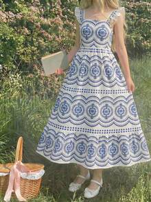 Tween Girl Blue & White Retro Print Cap Sleeve Maxi Casual Vacation Dress,Kids Maxi Dress For Girls White And Blue Girls Dress Girls Maxi Dress Summer Dress For Girls - Blue and White - View 6