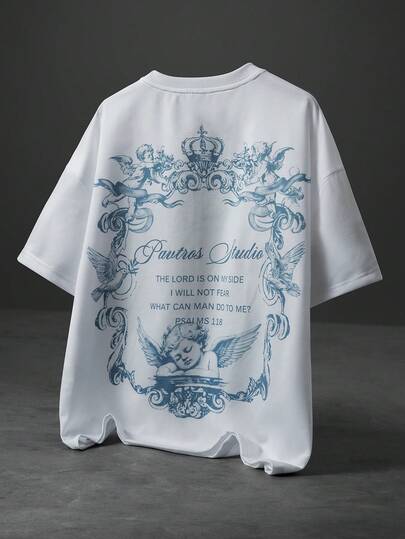 PAVTROS Men's Young Fashion, Retro Street, Casual Artistic Short Sleeve T-Shirt, Round Neck Tee, Knit Top, European Classic Pattern, Angel Graphic, Floral Border Design, Vintage Artistic, Street Casual, Social Media Influencer, Musician, Artist Apparel, Daily Commute, Campus, Casual Gathering, Holiday Gift, Boyfriend Gift