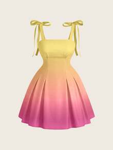 SHEIN MOD Plus Size Women Sunset Yellow Print Spaghetti Strap Tie-Up Hem Mini Dress - Purple - View 1