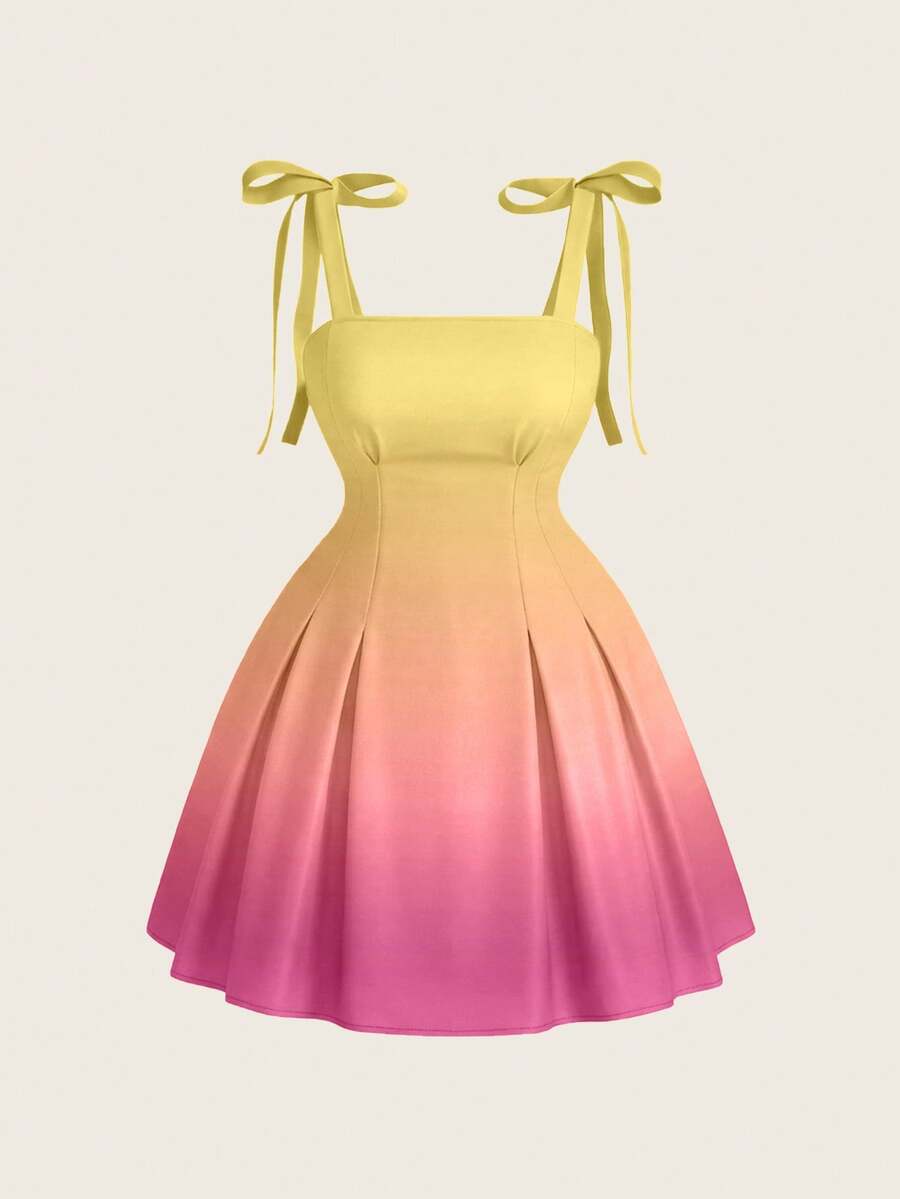 SHEIN MOD Plus Size Women Sunset Yellow Print Spaghetti Strap Tie-Up Hem Mini Dress - Purple - View 1